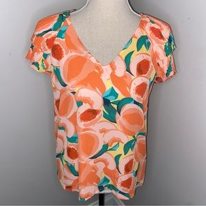 DR2 NEW peaches print pleated flutter short sleeve blouse size Small